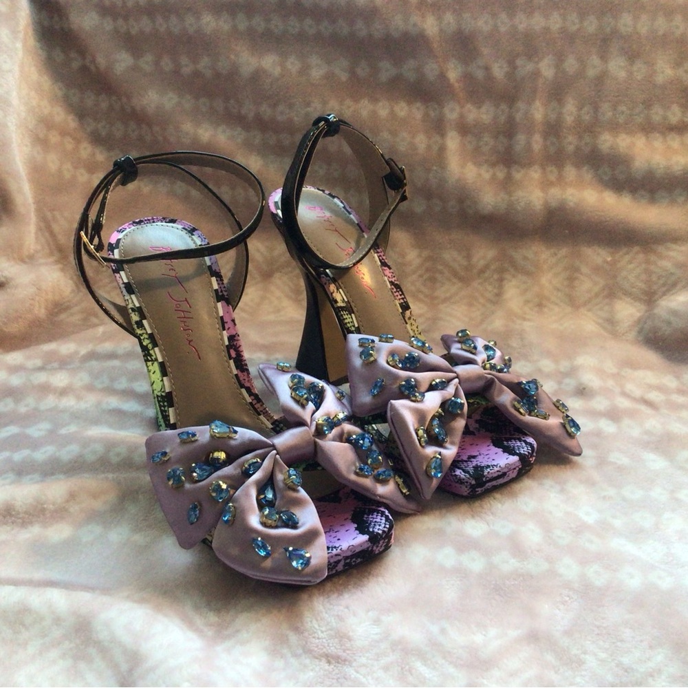 Betsey Johnson Pink and Black Heels with Bow and Gem Accents